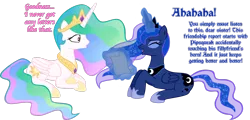Size: 1600x771 | Tagged: suggestive, artist:ludiculouspegasus, derpibooru import, pipsqueak, princess celestia, princess luna, alicorn, pony, :o, blackletter, duo, duo female, female, friendship report, implied hornjob, laughing, magic, mare, prone, reading, royal sisters, scroll, simple background, sisters, smiling, transparent background, vector, wide eyes