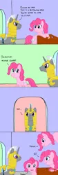 Size: 1000x2991 | Tagged: safe, artist:hakar-kerarmor, derpibooru import, pinkie pie, oc, oc:bastion, earth pony, pony, unicorn, ask four inept guardponies, ask, female, male, mare, multeity, royal guard, stallion, too much pink energy is dangerous, tumblr