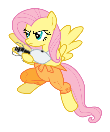 Size: 356x428 | Tagged: safe, artist:sefling, derpibooru import, fluttershy, pegasus, pony, angry, bipedal, chell, clothes, cosplay, crossover, female, flutterbadass, frown, gimp, glare, hoof hold, jumping, jumpsuit, mare, portal (valve), portal gun, simple background, solo, spread wings, transparent background