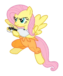 Size: 356x428 | Tagged: safe, artist:sefling, derpibooru import, fluttershy, pegasus, pony, angry, bipedal, chell, clothes, cosplay, crossover, female, flutterbadass, frown, gimp, glare, hoof hold, jumping, jumpsuit, mare, portal (valve), portal gun, simple background, solo, spread wings, transparent background