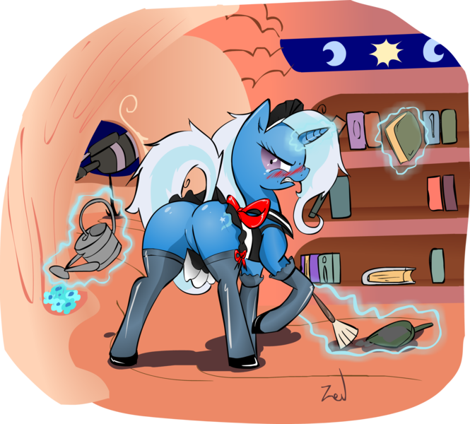Size: 2466x2226 | Tagged: suggestive, artist:zev, derpibooru import, trixie, pony, unicorn, angry, blushing, featureless crotch, female, femsub, golden oaks library, high res, maid, mare, plot, rear view, solo, solo female, stockings, submissive, the weak and powerless trixie