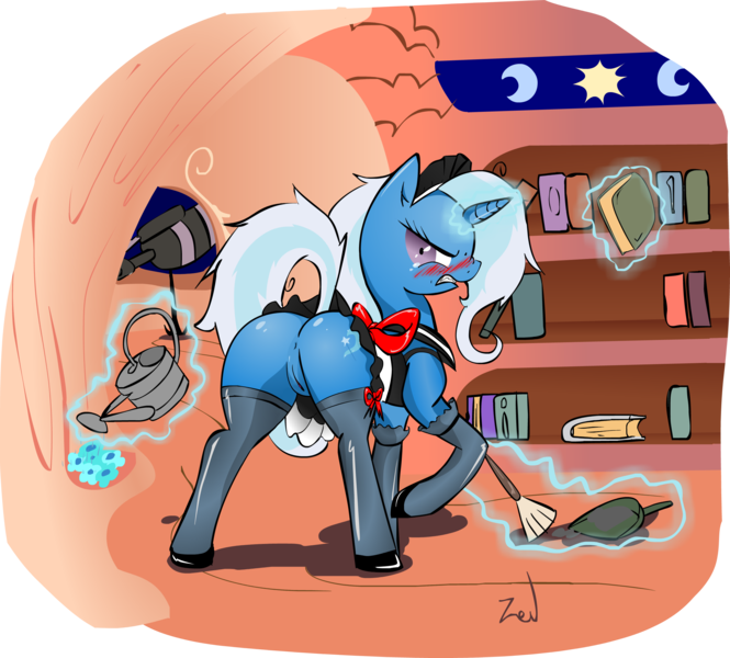 Size: 2466x2226 | Tagged: explicit, artist:zev, derpibooru import, edit, trixie, pony, unicorn, angry, anus, blushing, female, femsub, golden oaks library, high res, human anus on pony, maid, mare, nudity, plot, rear view, solo, solo female, stockings, submissive, the weak and powerless trixie, vulva