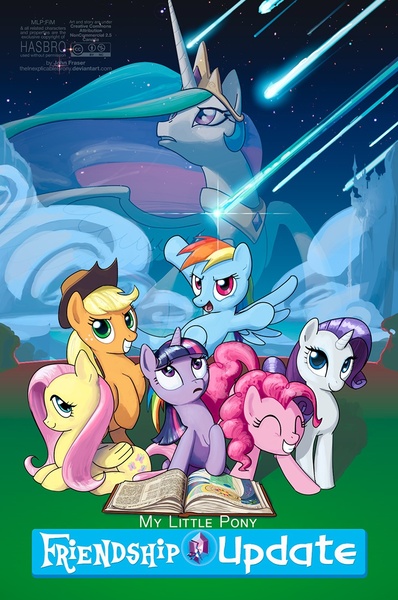 Size: 729x1100 | Tagged: safe, artist:tswt, derpibooru import, applejack, fluttershy, pinkie pie, princess celestia, rainbow dash, rarity, twilight sparkle, alicorn, earth pony, pegasus, pony, unicorn, comic:friendship update, comic, cover art, female, mane six, mare, shooting star