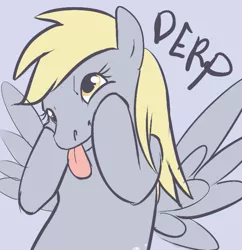 Size: 637x657 | Tagged: safe, artist:clovercoin, derpibooru import, derpy hooves, pegasus, pony, :p, cute, derp, derpabetes, female, mare, silly, silly pony, smiling, solo, spread wings, squishy cheeks, tongue out