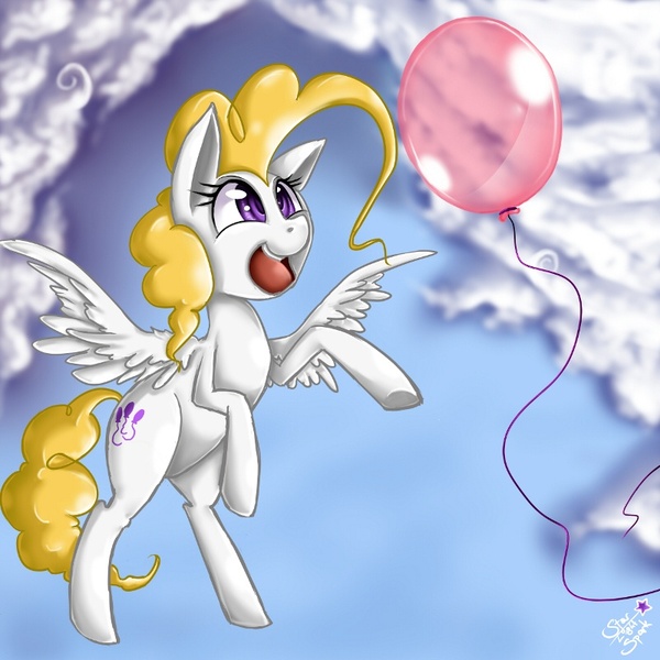 Size: 800x800 | Tagged: safe, artist:starlightspark, derpibooru import, surprise, pegasus, pony, balloon, cute, female, flying, g1, g1 to g4, generation leap, mare, paint tool sai, smiling, solo, spread wings, wings