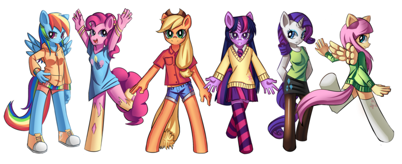 Size: 1892x773 | Tagged: safe, artist:mewball, derpibooru import, applejack, fluttershy, pinkie pie, rainbow dash, rarity, twilight sparkle, anthro, butterfly, earth pony, pegasus, unguligrade anthro, unicorn, 2010s, 2012, apple, arms in the air, blonde mane, blue eyes, blue fur, blue wings, clothes, compression shorts, cowboy hat, cowgirl, denim shorts, diamonds, female, food, green eyes, hand on hip, happy, hat, high socks, horn, image, mane six, multicolored hair, multicolored mane, multicolored tail, open mouth, pantyhose, pink eyes, pink fur, pink mane, pink tail, png, ponytail, purple eyes, purple fur, purple mane, purple tail, rainbow hair, rainbow tail, serious, shoes, shorts, simple background, skirt, smiling, sneakers, sweater, sweatershy, t-shirt, tail, tanktop, tights, transparent background, wings, yellow fur