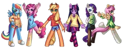 Size: 1892x773 | Tagged: safe, artist:mewball, derpibooru import, applejack, fluttershy, pinkie pie, rainbow dash, rarity, twilight sparkle, anthro, butterfly, earth pony, pegasus, unguligrade anthro, unicorn, 2010s, 2012, apple, arms in the air, blonde mane, blue eyes, blue fur, blue wings, clothes, compression shorts, cowboy hat, cowgirl, denim shorts, diamonds, female, food, green eyes, hand on hip, happy, hat, high socks, horn, image, mane six, multicolored hair, multicolored mane, multicolored tail, open mouth, pantyhose, pink eyes, pink fur, pink mane, pink tail, png, ponytail, purple eyes, purple fur, purple mane, purple tail, rainbow hair, rainbow tail, serious, shoes, shorts, simple background, skirt, smiling, sneakers, sweater, sweatershy, t-shirt, tail, tanktop, tights, transparent background, wings, yellow fur