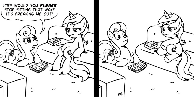 Size: 1890x945 | Tagged: safe, artist:megasweet, derpibooru import, bon bon, lyra heartstrings, sweetie drops, earth pony, pony, unicorn, artifact, book, comic, couch, dialogue, female, human behavior, lineart, mare, meme, monochrome, prone, remote, sitting, sitting lyra, speech bubble, television