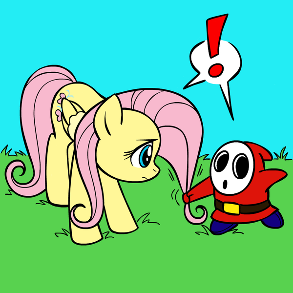 Size: 945x945 | Tagged: safe, artist:megasweet, derpibooru import, fluttershy, pegasus, pony, shy guy, crossover, female, hair pulling, mare, mario, super mario bros.