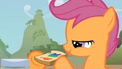 Size: 800x450 | Tagged: safe, derpibooru import, screencap, scootaloo, pegasus, pony, family appreciation day, bread, female, filly, lidded eyes, mid-blink screencap, solo, tongue out, zap apple jam
