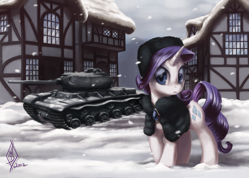 Size: 2400x1720 | Tagged: safe, artist:whitediamonds, derpibooru import, rarity, pony, unicorn, building, clothes, commission, female, hat, kv-85, mare, shawl, snow, snowfall, solo, tank (vehicle), ushanka, winter