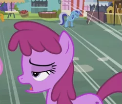 Size: 501x426 | Tagged: safe, derpibooru import, screencap, berry punch, berryshine, carrot top, golden harvest, minuette, earth pony, pony, unicorn, ponyville confidential, animation error, cropped, female, mare, open mouth, solo focus, wrong eye color