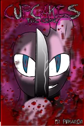 Size: 1000x1500 | Tagged: semi-grimdark, artist:pinkanon, derpibooru import, pinkie pie, earth pony, pony, comic:cupcakes the comic, fanfic:cupcakes, comic, comic cover, cover, female, knife, looking at you, mare, solo