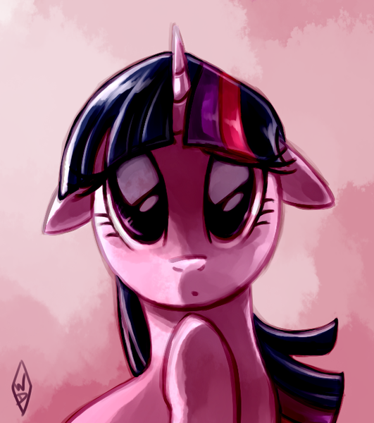 Size: 620x700 | Tagged: safe, artist:whitediamonds, derpibooru import, twilight sparkle, pony, unicorn, abstract background, bust, confused, female, floppy ears, looking at you, mare, solo