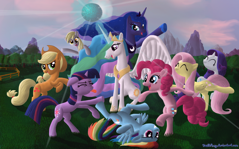 Size: 2000x1250 | Tagged: safe, artist:deathpwny, derpibooru import, applejack, derpy hooves, fluttershy, pinkie pie, princess celestia, princess luna, rainbow dash, rarity, twilight sparkle, alicorn, earth pony, pegasus, pony, unicorn, dancing, do the sparkle, female, magic, mane six, mare, party, unicorn twilight, wallpaper