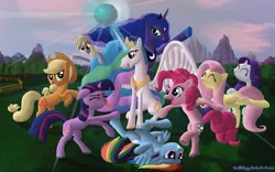 Size: 2000x1250 | Tagged: safe, artist:deathpwny, derpibooru import, applejack, derpy hooves, fluttershy, pinkie pie, princess celestia, princess luna, rainbow dash, rarity, twilight sparkle, alicorn, earth pony, pegasus, pony, unicorn, dancing, do the sparkle, female, magic, mane six, mare, party, unicorn twilight, wallpaper