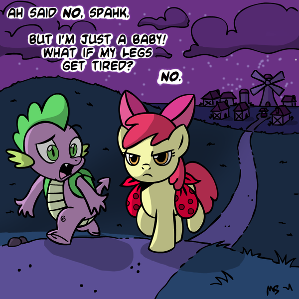 Size: 945x945 | Tagged: safe, artist:megasweet, derpibooru import, apple bloom, spike, dragon, earth pony, pony, angry, apple bloom is not amused, backpack, comic, complaining, duo, female, filly, implied shipping, implied spikebloom, male, night, saddle bag, walking, windmill