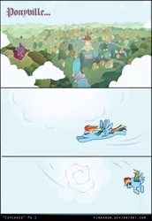 Size: 1000x1450 | Tagged: safe, artist:pinkanon, derpibooru import, rainbow dash, pegasus, pony, comic:cupcakes the comic, fanfic:cupcakes, comic, female, flying, mare, ponyville, solo