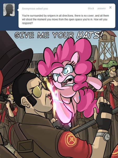 Size: 600x800 | Tagged: safe, artist:uc77, derpibooru import, pinkie pie, earth pony, human, pony, ask, blood, crossover, dialogue, female, glasses, gun, hat, hooves, hotblooded pinkie pie, mare, nosebleed, open mouth, optical sight, punch, rifle, sniper, sniper rifle, sunglasses, team fortress 2, teeth, text, tumblr, watch, weapon, yelling