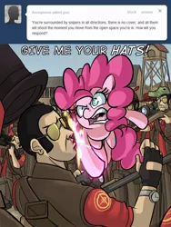 Size: 600x800 | Tagged: safe, artist:uc77, derpibooru import, pinkie pie, earth pony, human, pony, ask, blood, crossover, dialogue, female, glasses, gun, hat, hooves, hotblooded pinkie pie, mare, nosebleed, open mouth, optical sight, punch, rifle, sniper, sniper rifle, sunglasses, team fortress 2, teeth, text, tumblr, watch, weapon, yelling