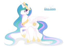 Size: 1024x740 | Tagged: dead source, safe, artist:cinyu, derpibooru import, princess celestia, alicorn, pony, female, looking at you, mare, raised hoof, simple background, smiling, solo, spread wings, transparent background, wings