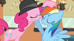 Size: 800x450 | Tagged: safe, derpibooru import, screencap, pinkie pie, rainbow dash, earth pony, pegasus, pony, mmmystery on the friendship express, duckface, eyes closed, female, hat, imminent kissing, mare, out of context