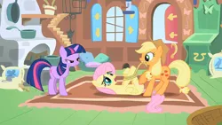 Size: 1600x900 | Tagged: safe, derpibooru import, screencap, applejack, fluttershy, twilight sparkle, earth pony, pegasus, pony, unicorn, the return of harmony, female, fluttershy's cottage, hogtied, indoors, lidded eyes, mare, out of context, rope, tied up, wallpaper