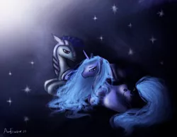 Size: 648x504 | Tagged: dead source, safe, artist:antoinetterosae, derpibooru import, princess luna, alicorn, bat pony, pony, duo, female, fluffy, frown, male, mare, messy mane, night guard, photoshop, prone, royal guard, s1 luna, sad, stallion, stars