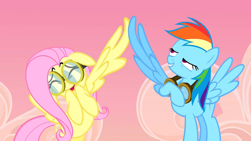 Size: 1280x720 | Tagged: safe, derpibooru import, screencap, fluttershy, rainbow dash, pegasus, pony, hurricane fluttershy, duo, eyes closed, female, flying, goggles, grin, high wing, lidded eyes, mare, open mouth, out of context, smiling, spread wings, wingboner