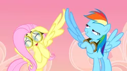 Size: 1280x720 | Tagged: safe, derpibooru import, screencap, fluttershy, rainbow dash, pegasus, pony, hurricane fluttershy, duo, eyes closed, female, flying, goggles, grin, high wing, lidded eyes, mare, open mouth, out of context, smiling, spread wings, wingboner
