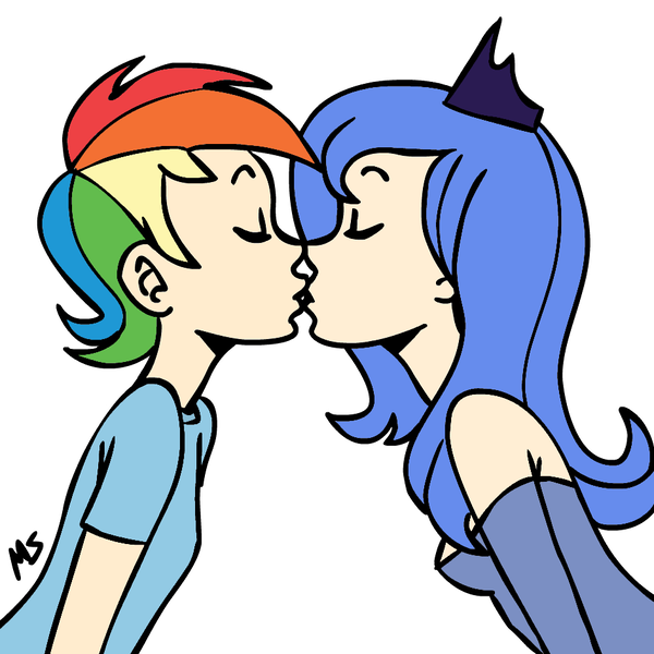 Size: 945x945 | Tagged: artist:megasweet, derpibooru import, female, human, humanized, kissing, lesbian, lunadash, princess luna, puberty, rainbow dash, s1 luna, safe, shipping, simple background, white background