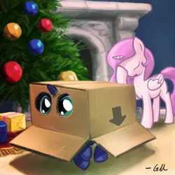 Size: 640x640 | Tagged: safe, artist:giantmosquito, derpibooru import, princess celestia, princess luna, alicorn, pony, box, cardboard box, caught, cewestia, christmas, christmas tree, cute, duo, eye, eyes, eyes closed, facehoof, female, filly, fireplace, foal, konami, lunabetes, metal gear, open mouth, pink-mane celestia, pony in a box, present, royal sisters, sisters, sneaking, tree, woona, younger