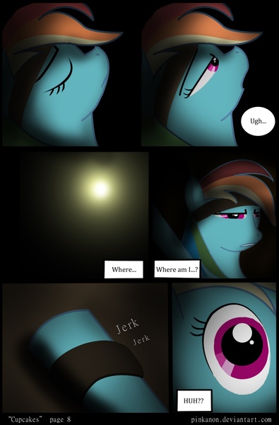 Size: 1000x1520 | Tagged: semi-grimdark, artist:pinkanon, derpibooru import, rainbow dash, pegasus, pony, comic:cupcakes the comic, fanfic:cupcakes, comic, female, mare, solo