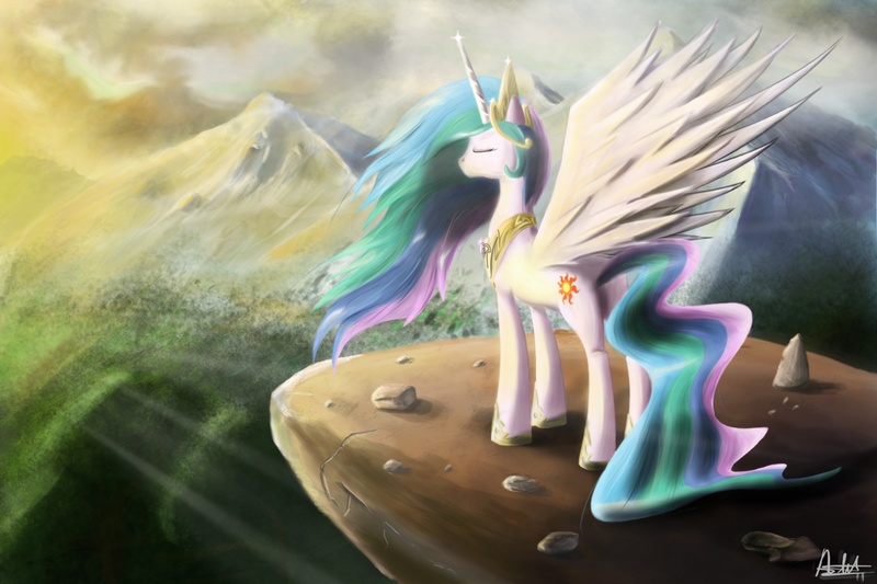 Size: 1920x1280 | Tagged: safe, artist:ajvl, derpibooru import, princess celestia, alicorn, pony, crepuscular rays, eyes closed, female, mare, mountain, mountain range, photoshop, scenery, solo, spread wings, wings