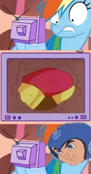 Size: 563x1078 | Tagged: safe, derpibooru import, rainbow dash, pegasus, pony, exploitable meme, female, gutsman's ass, mare, megaman, meme, television, tv meme