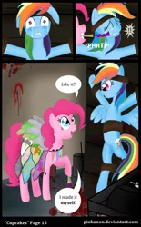 Size: 704x1133 | Tagged: dead source, semi-grimdark, artist:pinkanon, derpibooru import, pinkie pie, rainbow dash, earth pony, pegasus, pony, comic:cupcakes the comic, fanfic:cupcakes, blood, comic, crying, cutie mark dress, female, mare, party horn
