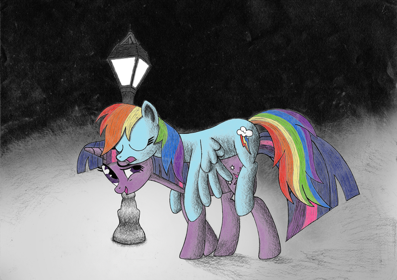 Size: 1500x1060 | Tagged: safe, artist:furor1, derpibooru import, rainbow dash, twilight sparkle, pegasus, pony, unicorn, adobe imageready, carrying, duo, eyes closed, female, lamppost, lesbian, mare, night, ponies riding ponies, shipping, sleeping, twidash, unicorn twilight