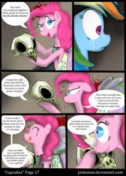 Size: 755x1057 | Tagged: semi-grimdark, artist:pinkanon, derpibooru import, gilda, pinkie pie, rainbow dash, earth pony, gryphon, pegasus, pony, comic:cupcakes the comic, fanfic:cupcakes, blood, comic, dead, eyes closed, female, implied murder, mare, skull, tongue out, wide eyes