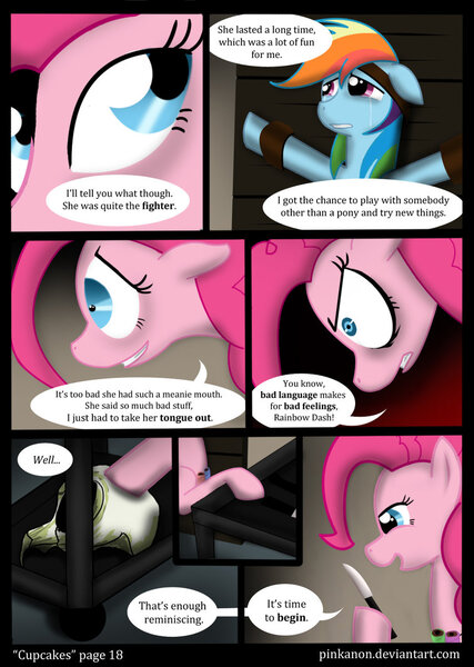 Size: 754x1060 | Tagged: semi-grimdark, artist:pinkanon, derpibooru import, rainbow dash, earth pony, pegasus, pony, comic:cupcakes the comic, fanfic:cupcakes, comic, dead, female, knife, mare, skull