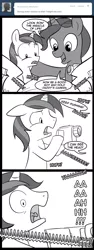 Size: 600x1600 | Tagged: safe, artist:madmax, derpibooru import, night light, shining armor, twilight sparkle, twilight velvet, pony, unicorn, madmax silly comic shop, birth, black and white, camera, colt, comic, female, grayscale, labor, male, mare, monochrome, pregnant, scarred for life, screaming, stallion, traumatized, tumblr, younger