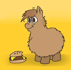 Size: 1405x1385 | Tagged: artist:coalheart, burger, derpibooru import, fluffy pony, fluffy pony original art, hamburger, ponies eating meat, safe, solo
