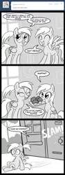 Size: 600x1600 | Tagged: safe, artist:madmax, derpibooru import, derpy hooves, pegasus, pony, madmax silly comic shop, comic, door slam, duo, female, glasses, larpy hooves, mare, mouth hold, muffin, ponytail, siblings, sister, twin