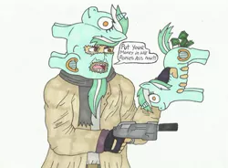 Size: 500x367 | Tagged: artist needed, clothes, derpibooru import, fingerless gloves, gloves, gun, human, insertion, lyra heartstrings, male, mask, plothole plush lyra, scarf, simple background, solo, suggestive, threatening, vulgar, weapon, white background