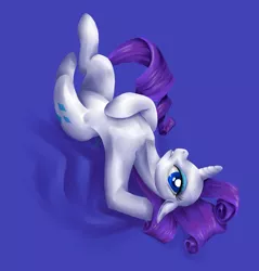 Size: 900x943 | Tagged: safe, artist:tzelly-el, derpibooru import, rarity, pony, unicorn, armpits, blue background, female, mare, on back, simple background, solo, sultry pose