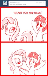 Size: 477x750 | Tagged: suggestive, artist:madmax, derpibooru import, trixie, twilight sparkle, pony, unicorn, madmax silly comic shop, ask, bad touch, bipedal, comic, female, frown, grope, happy, looking back, mare, molestation, monochrome, simple background, smiling, tumblr, unicorn twilight, wat, white background, wide eyes
