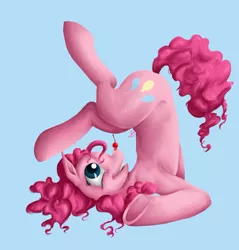 Size: 900x943 | Tagged: safe, artist:tzelly-el, derpibooru import, pinkie pie, earth pony, pony, blue background, cherry, female, mare, simple background, smiling, solo, underhoof, upside down