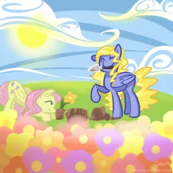 Size: 800x800 | Tagged: dead source, safe, artist:steeve, derpibooru import, fluttershy, lily blossom, pegasus, pony, duo, duo female, eyes closed, female, flower, gardening, happy, mare, mouth hold, smiling