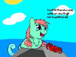 Size: 800x600 | Tagged: artist:fluffsplosion, cloud, cloudy, crab, derpibooru import, fluffy pony, fluffy pony original art, open mouth, rock, safe, sea pony, smiling, solo, sun