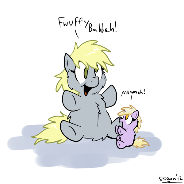 Size: 1000x1000 | Tagged: safe, artist:skoon, derpibooru import, derpy hooves, dinky hooves, fluffy pony, pegasus, pony, female, fluffy pony foal, fluffy pony mother, fluffyderpy, fluffydinky, love, mare