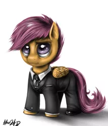Size: 1000x1166 | Tagged: safe, artist:aphexangel, derpibooru import, scootaloo, pegasus, pony, business suit, businessmare, clothes, female, filly, simple background, solo, suit, suitaloo, white background